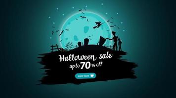 Halloween sale, up to 50 off, modern discount banner with blue full moon, cemetery, zombie, witches and bats vector