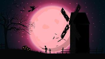 Halloween background, template for your creativity with pink night landscape with full moon, old mill, witches and zombie. Template for your art vector