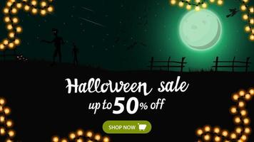 Halloween sale, up to 50 off, horizontal discount banner for your business with green night landscape with green full moon, zombie, witches and pumpkins. vector