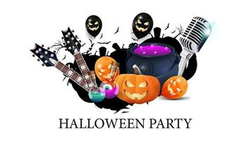 Halloween party, creative party invitation banner with microphone, guitars, pumpkins, flasks with potion and Halloween balloons. White template for Halloween party poster vector