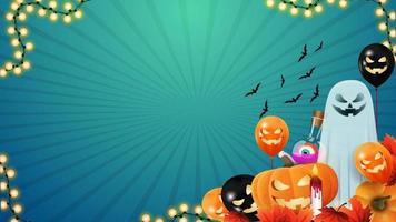 Halloween horizontal blue template for your arts with Halloween monsters. Pumpkin Jack, Halloween evil balloons and ghost on blue background vector