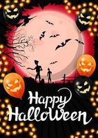 feliz halloween, plantilla vertical para tu creatividad con gran luna llena y zombies en el fondo. plantilla decorada con globos de halloween y guirnaldas vector