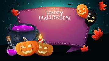 feliz halloween, postal con espacio de copia, hojas de otoño, globos de halloween, caldero de brujas y calabaza jack. plantilla de halloween para tus artes vector