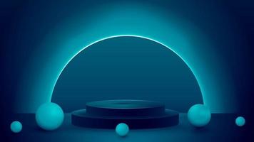 Empty podium with realistic spheres and neon ring on background. 3d dark and blue abstract scene vector