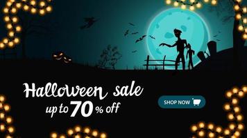 Halloween sale, up to 70 off, horizontal discount banner for your business with night landscape with big blue full moon, zombie and witches. vector