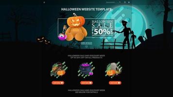 Halloween template for the web site with discount banner. Template with Halloween background. Full blue moon, zombie and witches. vector