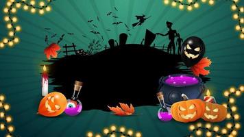 Halloween template for your creativity with halloween balloons, autumn leafs, witch's cauldron and pumpkin Jack. Black Halloween template. vector