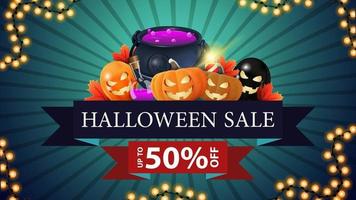 venta de halloween, hasta 50 de descuento, banner de descuento moderno en forma de cinta con globos de halloween, caldero de brujas y calabaza vector