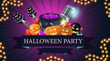 Halloween party, creative party invitation banner with ribbon, microphone, guitars, pumpkins and witch's cauldron. Purple template for Halloween party poster vector