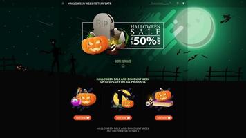 Halloween template for the web site with discount banner. Template with Halloween background. Full green moon, zombie, witches and bats vector