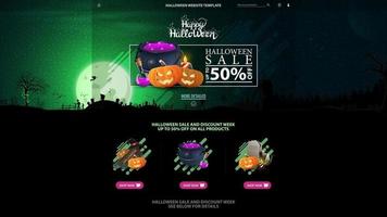 Halloween template for the web site with discount banner. Template with Halloween background. Full green moon, dark forest, cemetery, zombie, witches, werewolves, ghosts and an old abandoned mill. vector