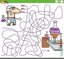 juego de laberinto educativo con científico de dibujos animados y laboratorio vector