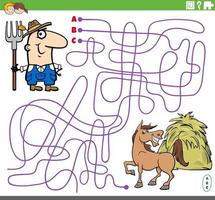 juego educativo de laberinto con granjero de dibujos animados y caballo vector