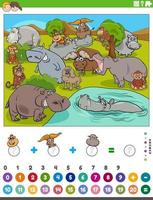 counting and adding game with cartoon wild animals vector