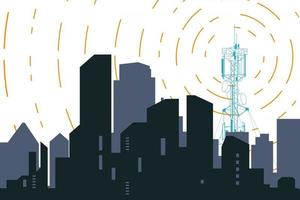 Radio transmitter. Tower with tv signal transmitter. City with buildings and skyscrapers on background. Flat style line vector illustration.