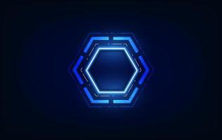 Vector realistic hexagon with neon parts in dark background .Futuristic illustration . Sci fi object , Realistic hexagon , Futuristic glowing HUD hexagonal element .Nano techology