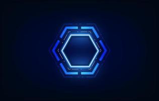 Vector realistic hexagon with neon parts in dark background .Futuristic illustration . Sci fi object , Realistic hexagon , Futuristic glowing HUD hexagonal element .Nano techology