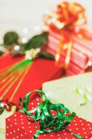 Green and red gift boxes Christmas background photo