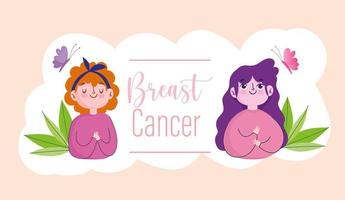 Breast cancer cartoon women butterflies and words banner vector