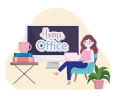 mujer joven, utilizar, computadora portátil, trabajando, con, libros, y, taza de café, oficina en casa vector
