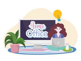 woman with laptop sitting on floor with cat home office vector