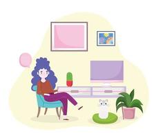 woman sitting with table computer home office vector