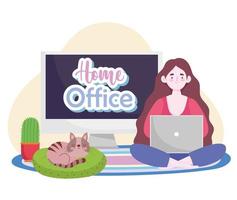 freelance working online sitting on the floor at the computer, home office vector