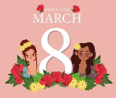 día de la mujer 8 de marzo letras y niñas con tarjeta de flores. vector