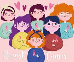 dibujos animados de mujeres jóvenes del grupo de cáncer de mama con cinta rosa vector