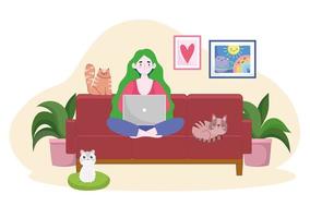 woman on sofa working with laptop and cats home office vector