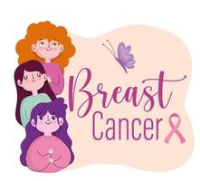 Breast cancer group women cartoon text ribbon butterfly label vector