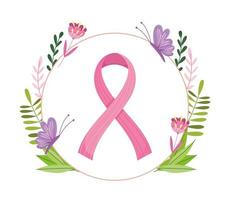 cáncer de mama cinta rosa mariposas flores follaje estilo de banner vector