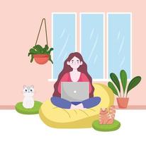 Mujer que usa la computadora portátil trabajando, oficina en casa con gatos y plantas, oficina en casa vector