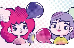 pop art cute girls with ice cream in stick talking bubbles halftone vector