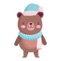 merry christmas, cute bear with hat and scarf animal cartoon vector