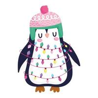 feliz navidad, lindo pingüino con sombrero y luces de dibujos animados de animales vector
