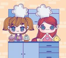 cute anime chef girls vector
