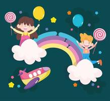 kids playing on rainbow vector