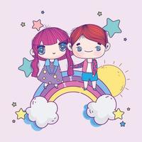 anime cute couple on rainbow vector