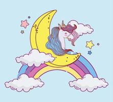 unicornio en arcoiris y luna vector