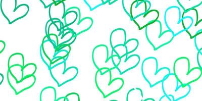 plantilla de vector verde claro con corazones de doodle.