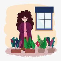 girl caring plants vector