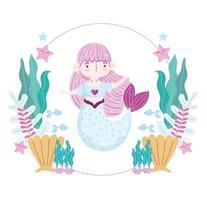 Little Mermaid character underwater sea animals cartoon vector