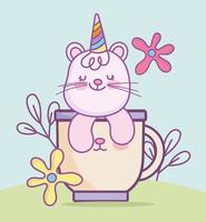 cat on cup with flowers vector