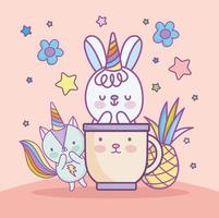 cute animals cup pineapple vector