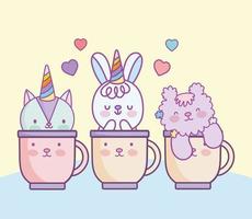 cute animals on cups vector