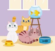 pet shop with cats fish canned food and bowl vector