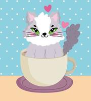 adorable gato dentro de la taza de café de dibujos animados vector