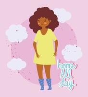 afro american young woman in yellow dress cartoon vector