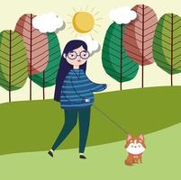 woman walking with dog vector
